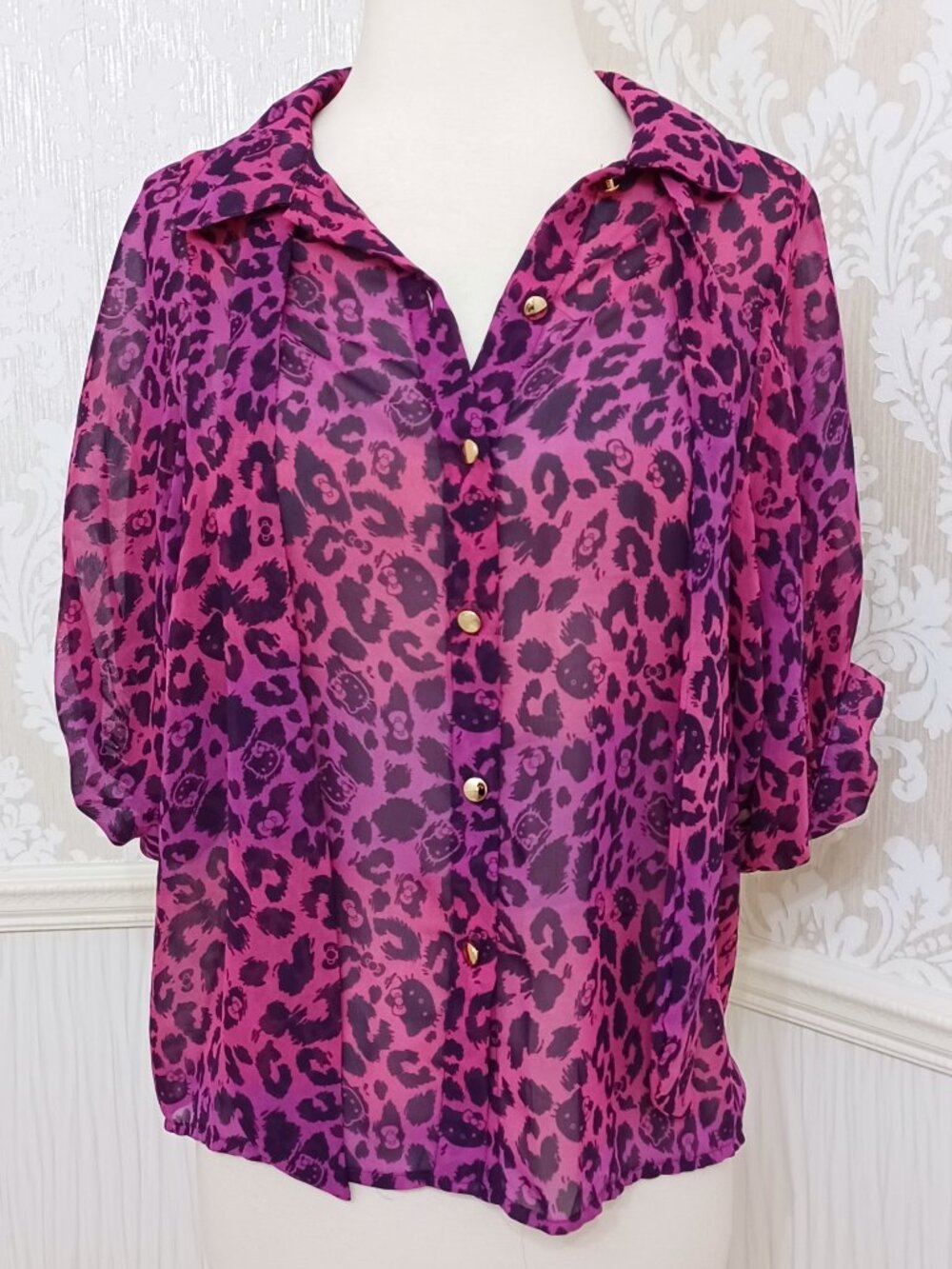 Sanrio Hello Kitty Leopard Print Blouse - Gold Buttons Tie Front - Size XS
